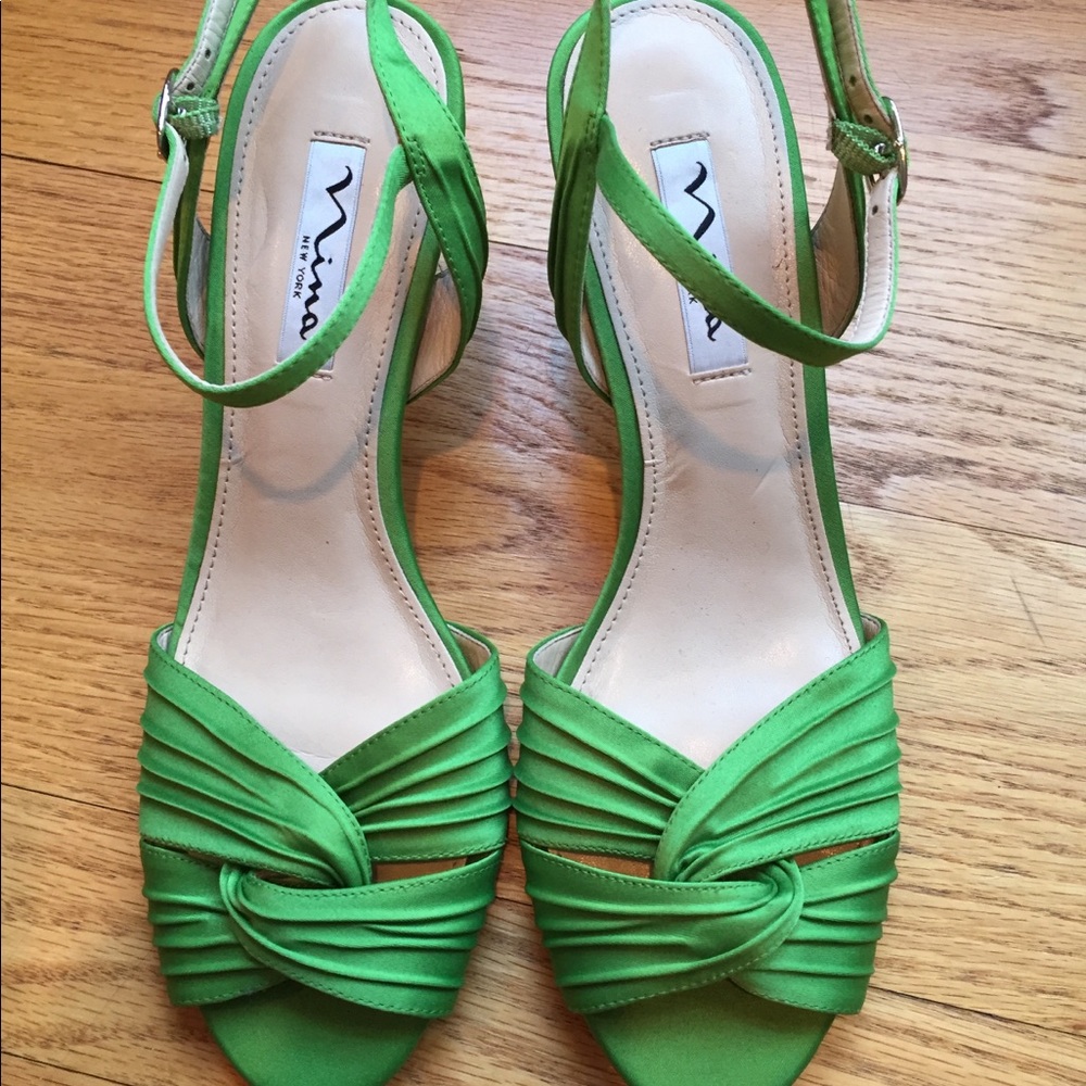 Nina satin peep toe low heel stappy sandals.